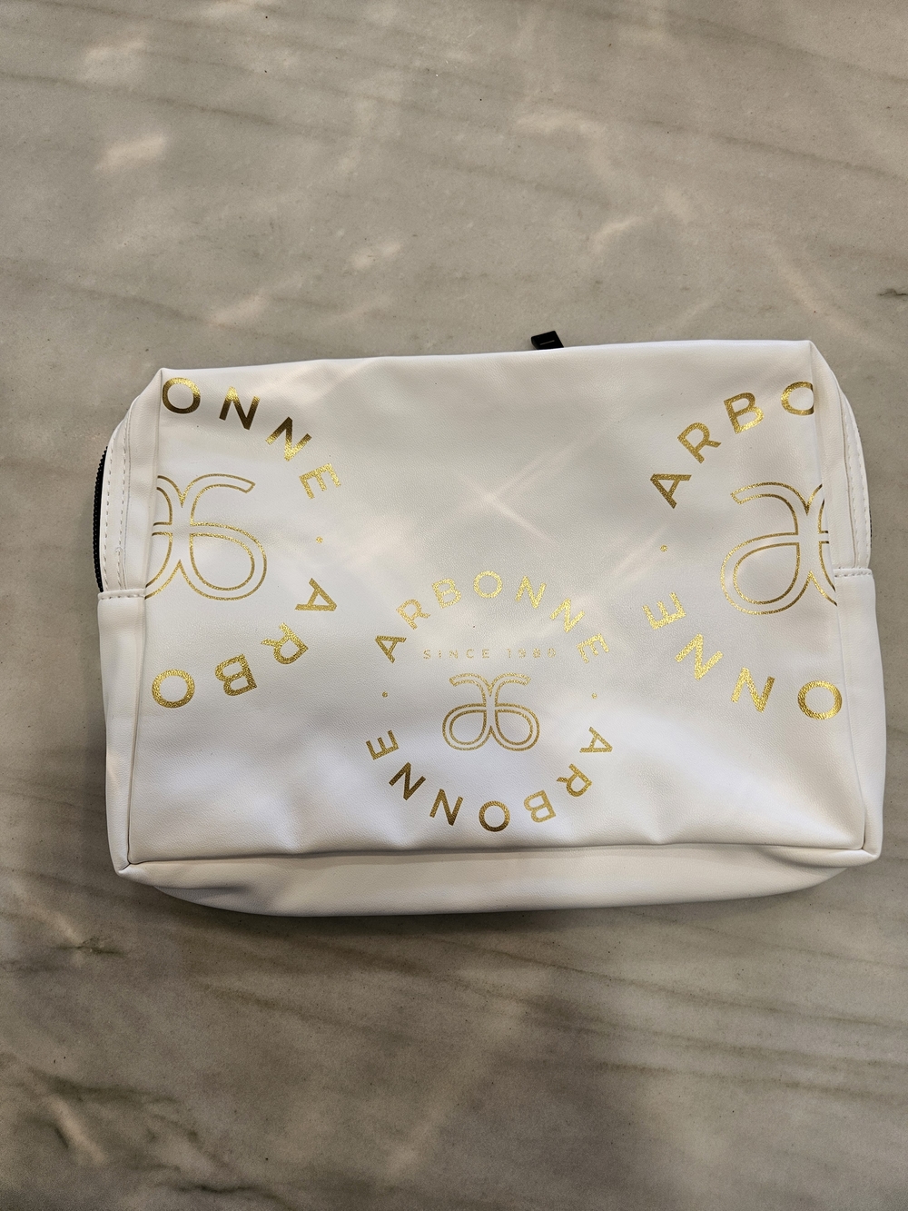 Arbonne White Cosmetic Pouch with Gold Logo Accents